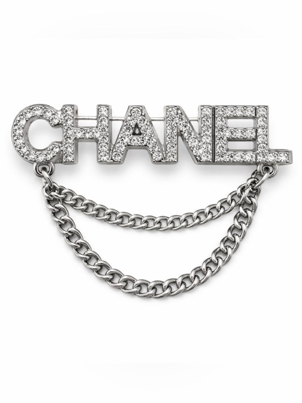 CHANEL Silver Crystal Double Chain Brooch